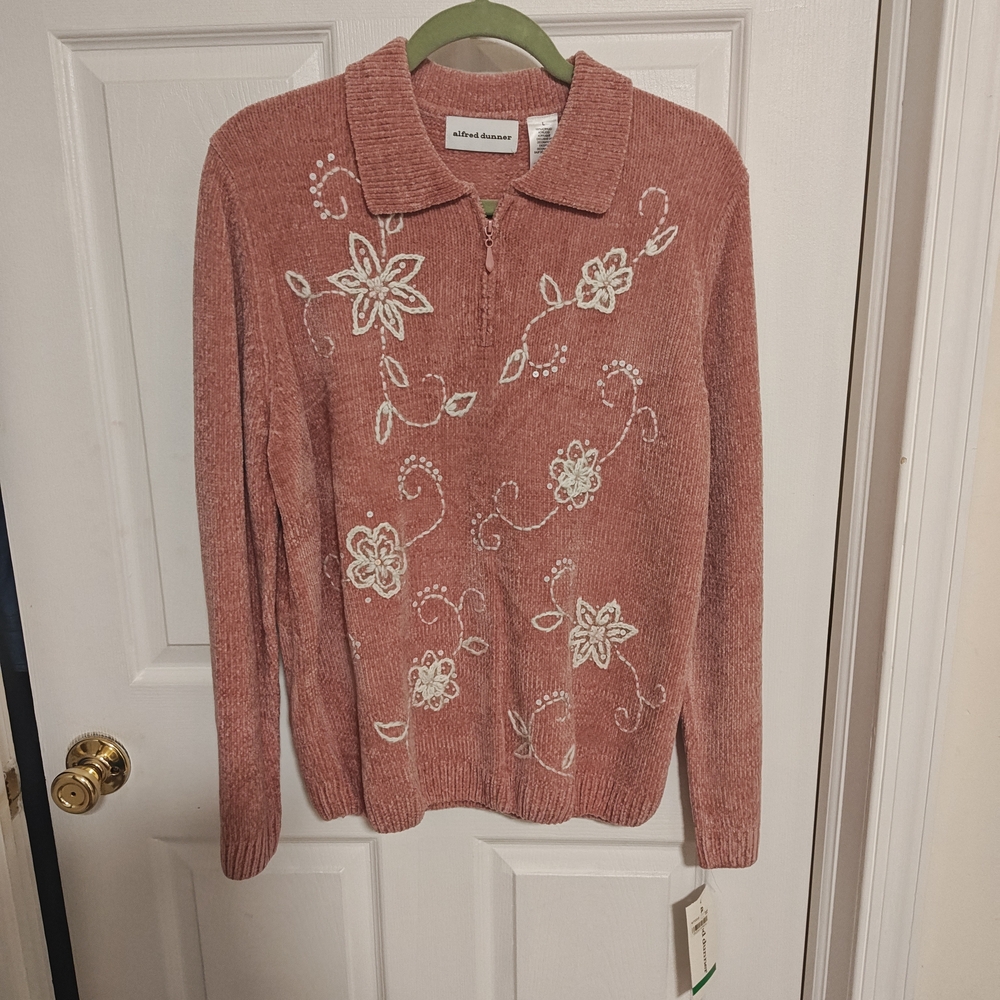 Alfred Dunner Pink Floral Embroidered Cardigan